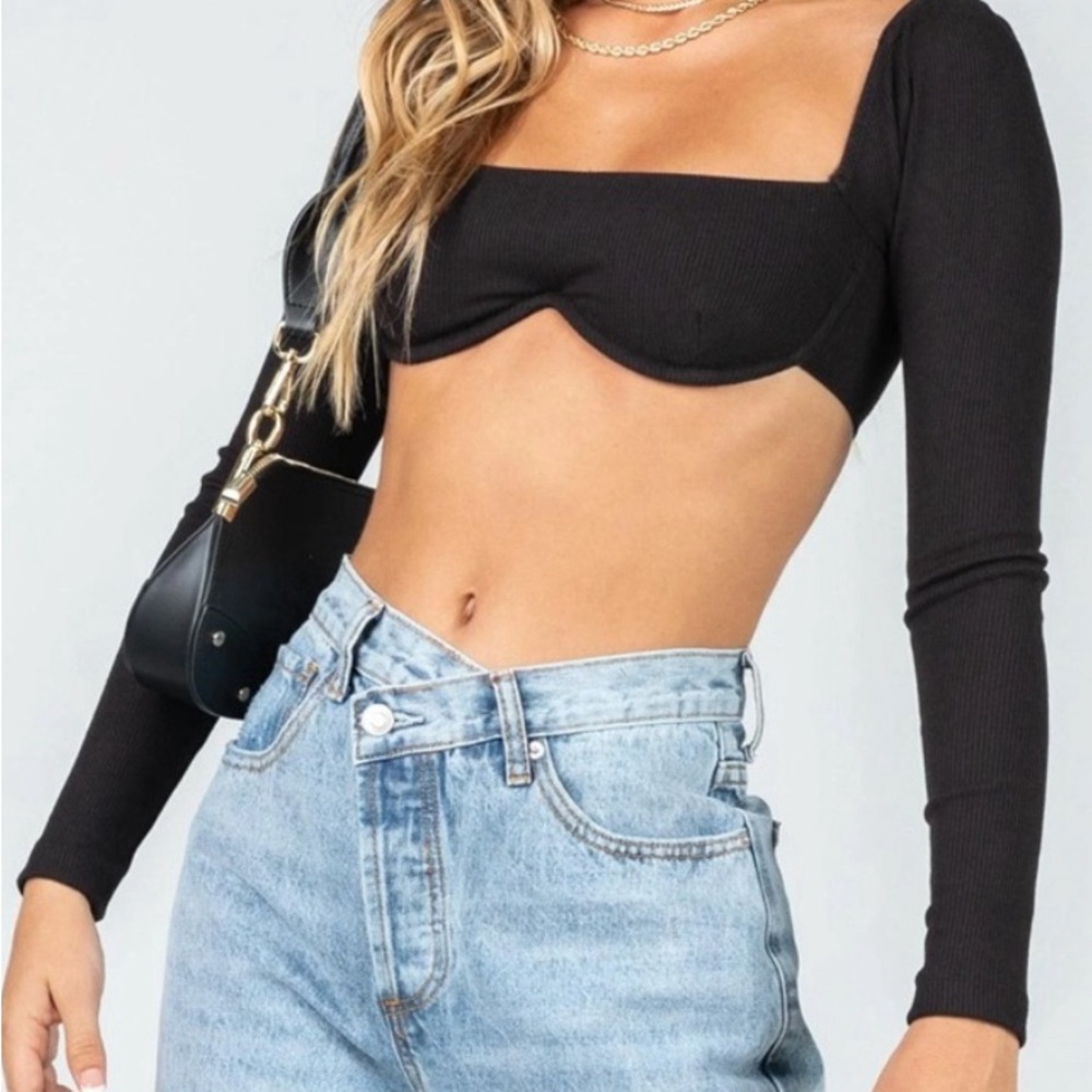 Princess Polly Becca Long Sleeve Crop Top Black Size 2